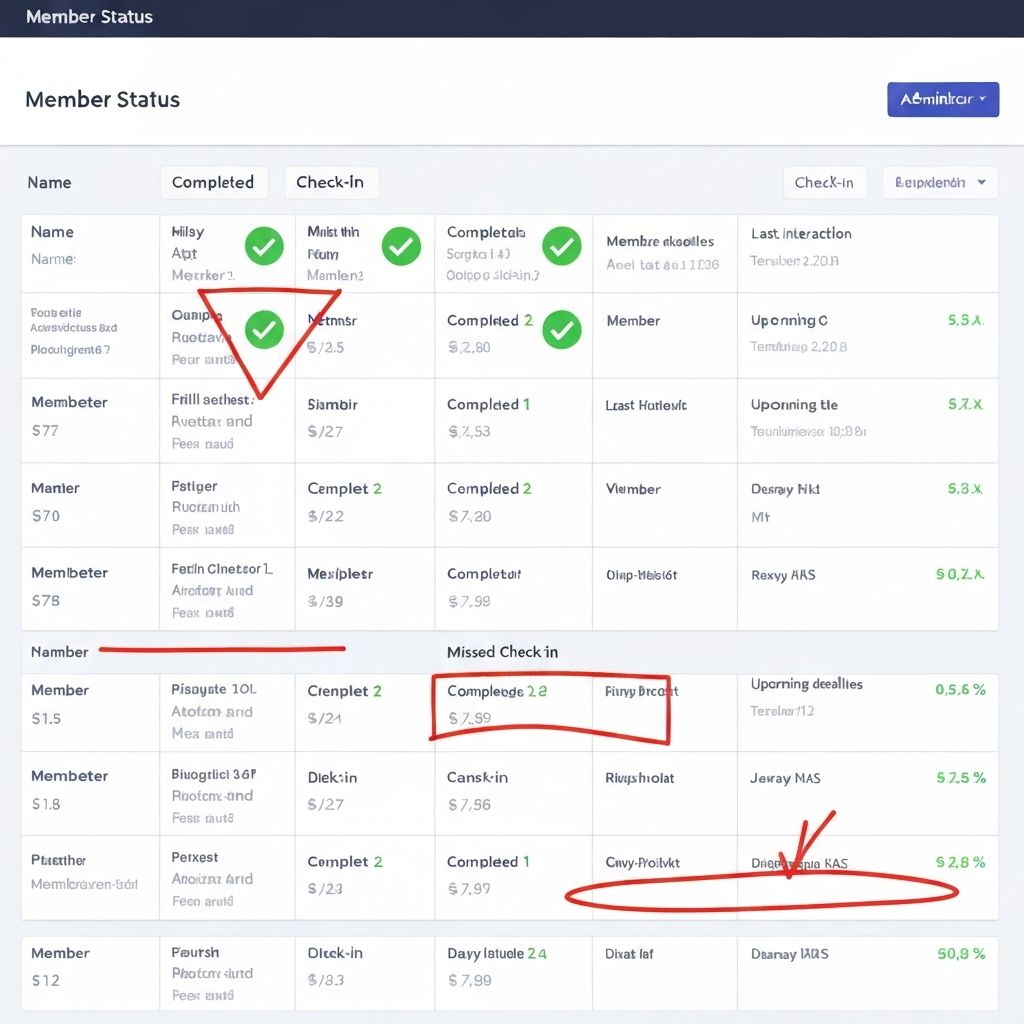 Touch Base admin dashboard showing member status grid